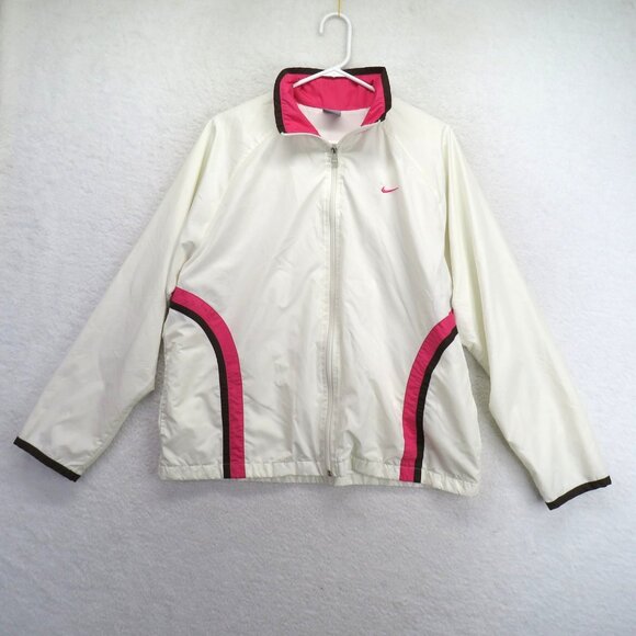 Nike Jacket Womens XL White Pink Full Zip Windbreaker Lightweight‎ Athletic - Picture 1 of 9